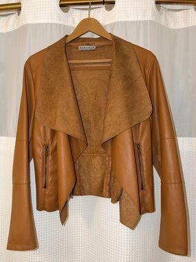 Bagatelle Women's Cognac Faux Leather Open Front Draped Waterfall Jacket Large